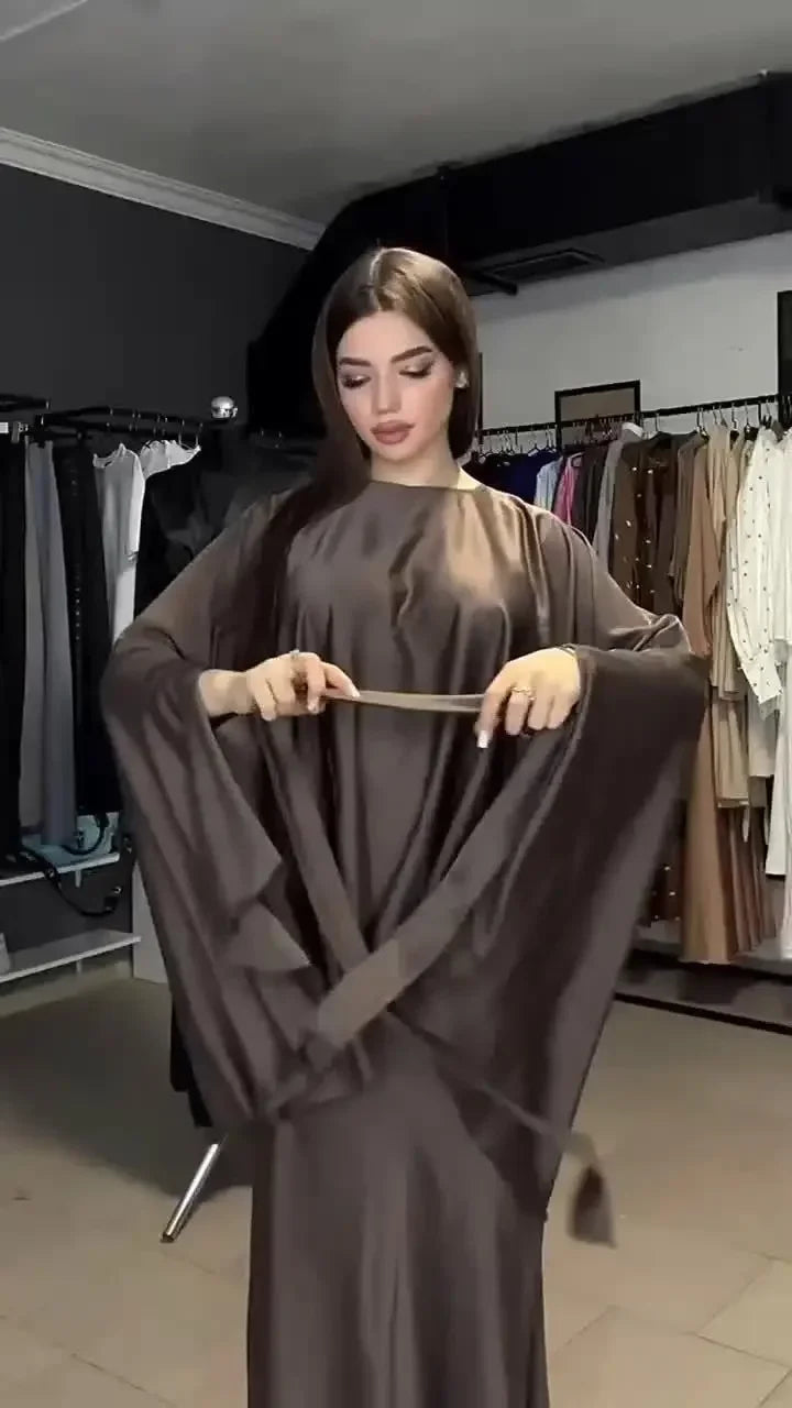 Stylish Vintage Solid Lace-Up Top and Skirt Two-Piece Set with Elegant Bat Wing Sleeves Casual Satin Shawl Irregular Hem Party and Office Outfit