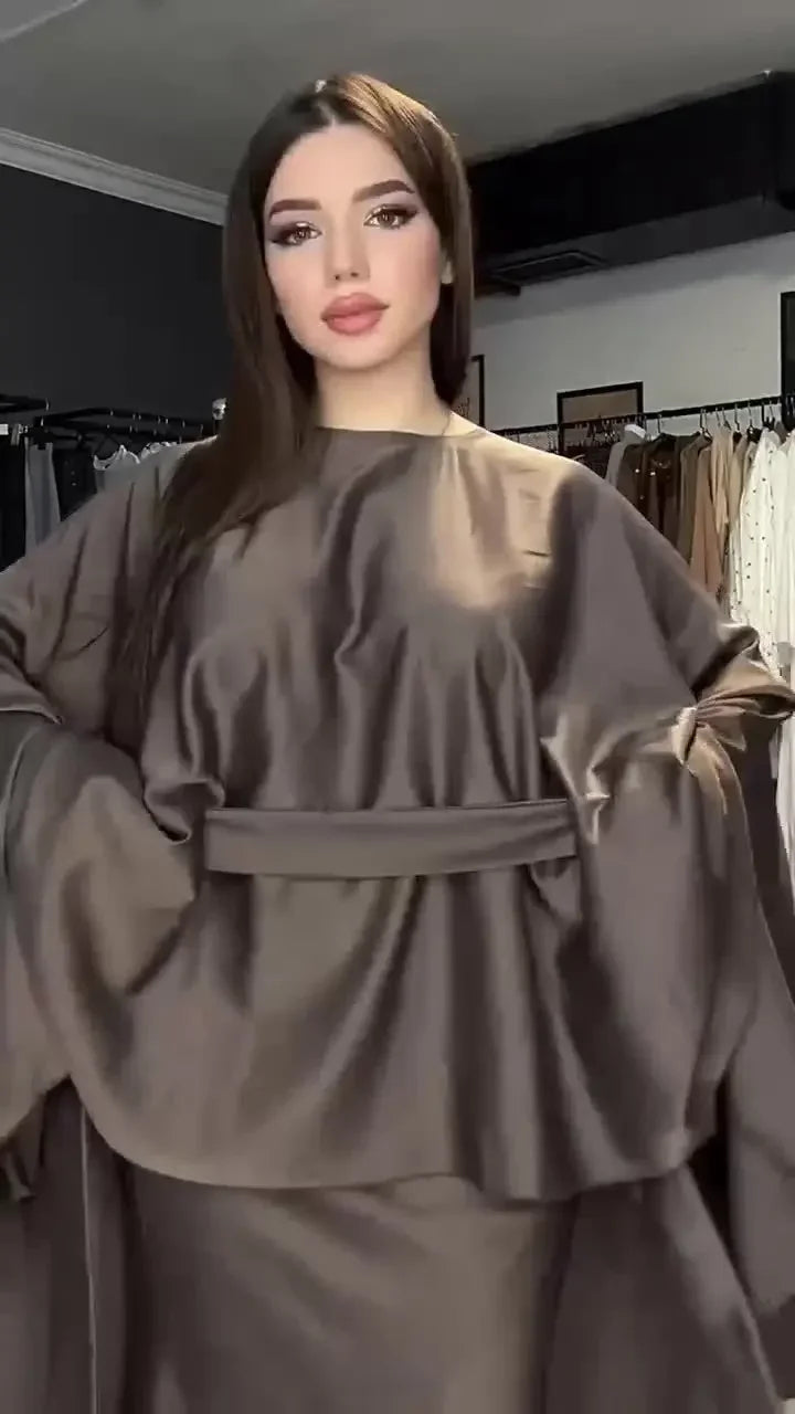 Stylish Vintage Solid Lace-Up Top and Skirt Two-Piece Set with Elegant Bat Wing Sleeves Casual Satin Shawl Irregular Hem Party and Office Outfit