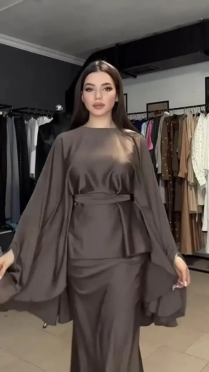 Stylish Vintage Solid Lace-Up Top and Skirt Two-Piece Set with Elegant Bat Wing Sleeves Casual Satin Shawl Irregular Hem Party and Office Outfit