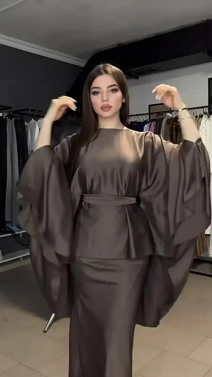 Stylish Vintage Solid Lace-Up Top and Skirt Two-Piece Set with Elegant Bat Wing Sleeves Casual Satin Shawl Irregular Hem Party and Office Outfit