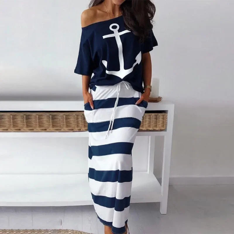 Women Two Piece Outfit Boat Anchor Print Off Shoulder T-Shirt and Striped Maxi Skirt Set Stylish Summer Tops and Skirts Ensemble