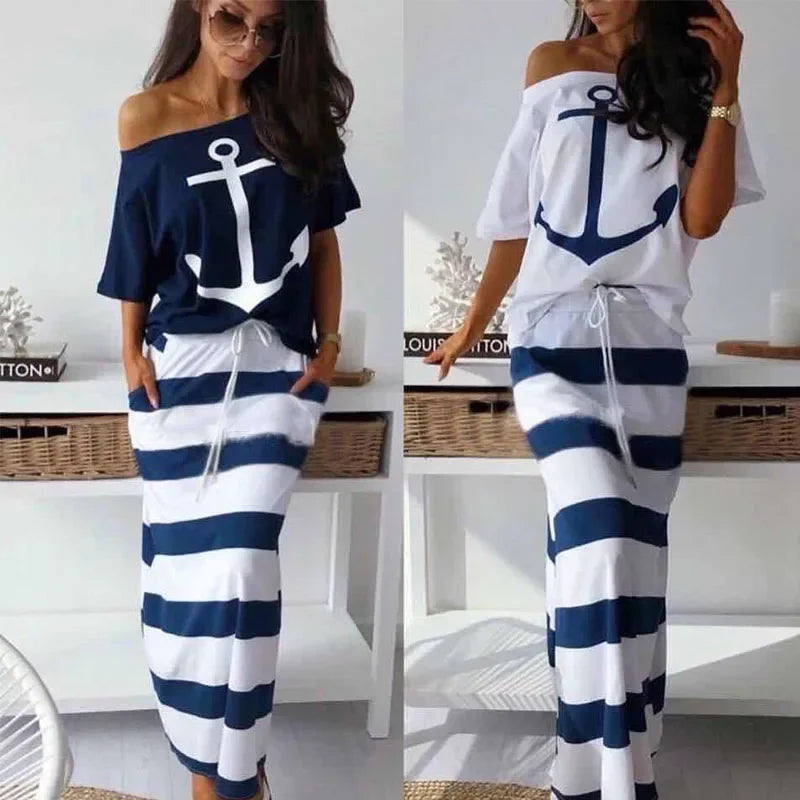 Women Two Piece Outfit Boat Anchor Print Off Shoulder T-Shirt and Striped Maxi Skirt Set Stylish Summer Tops and Skirts Ensemble