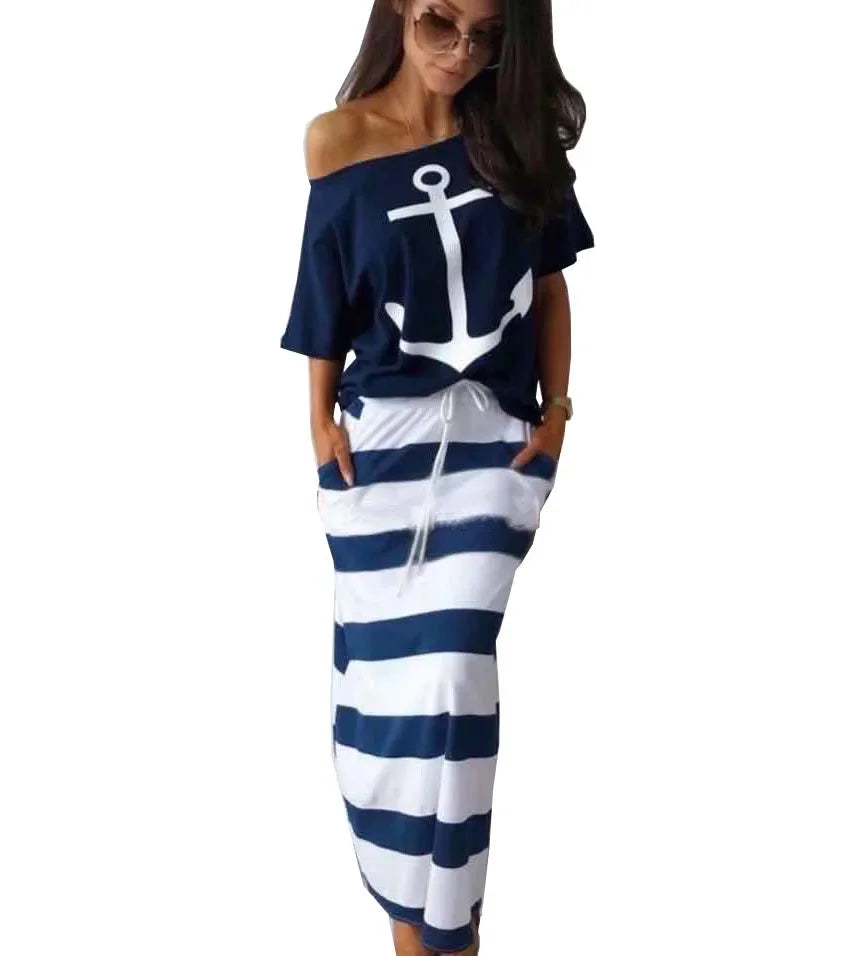 Women Two Piece Outfit Boat Anchor Print Off Shoulder T-Shirt and Striped Maxi Skirt Set Stylish Summer Tops and Skirts Ensemble