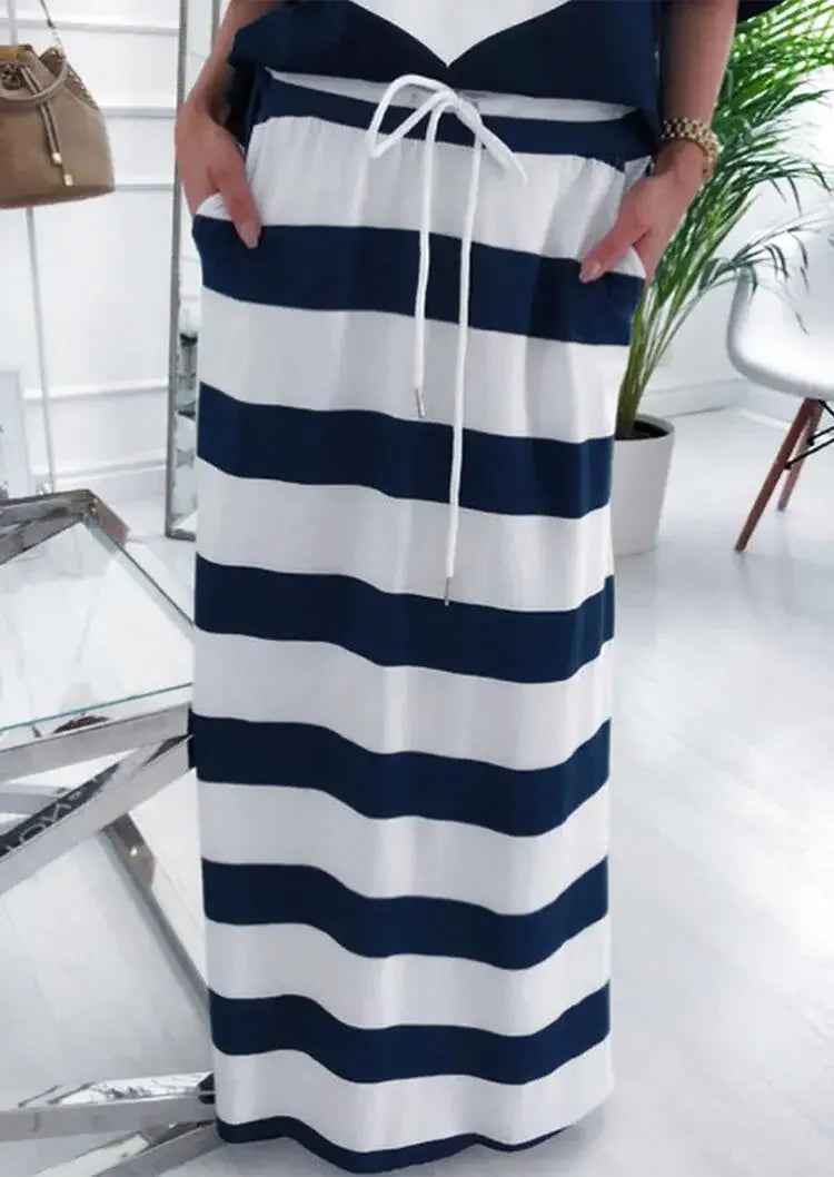 Women Two Piece Outfit Boat Anchor Print Off Shoulder T-Shirt and Striped Maxi Skirt Set Stylish Summer Tops and Skirts Ensemble