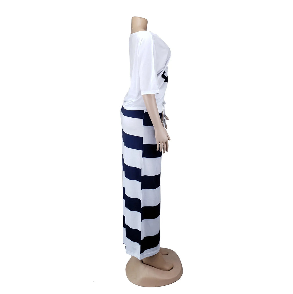 Women Two Piece Outfit Boat Anchor Print Off Shoulder T-Shirt and Striped Maxi Skirt Set Stylish Summer Tops and Skirts Ensemble