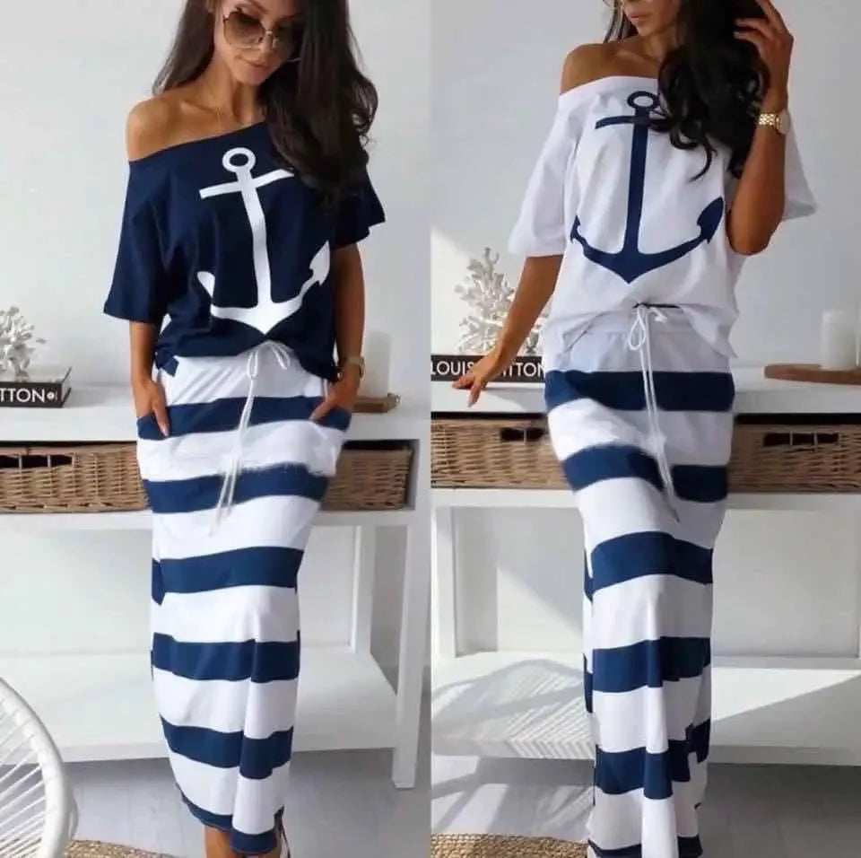 Women Two Piece Outfit Boat Anchor Print Off Shoulder T-Shirt and Striped Maxi Skirt Set Stylish Summer Tops and Skirts Ensemble