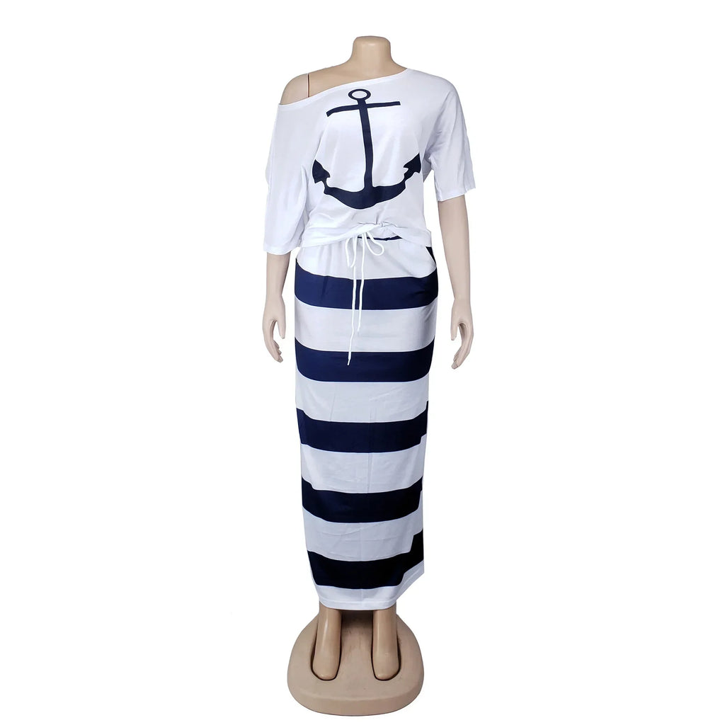 Women Two Piece Outfit Boat Anchor Print Off Shoulder T-Shirt and Striped Maxi Skirt Set Stylish Summer Tops and Skirts Ensemble