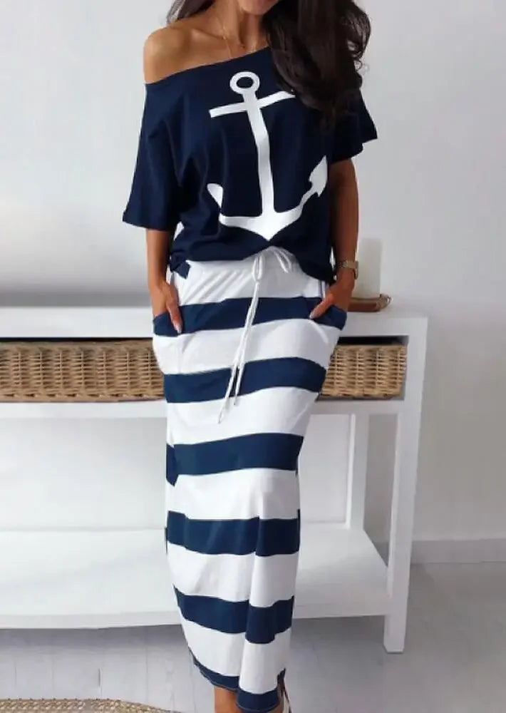 Women Two Piece Outfit Boat Anchor Print Off Shoulder T-Shirt and Striped Maxi Skirt Set Stylish Summer Tops and Skirts Ensemble