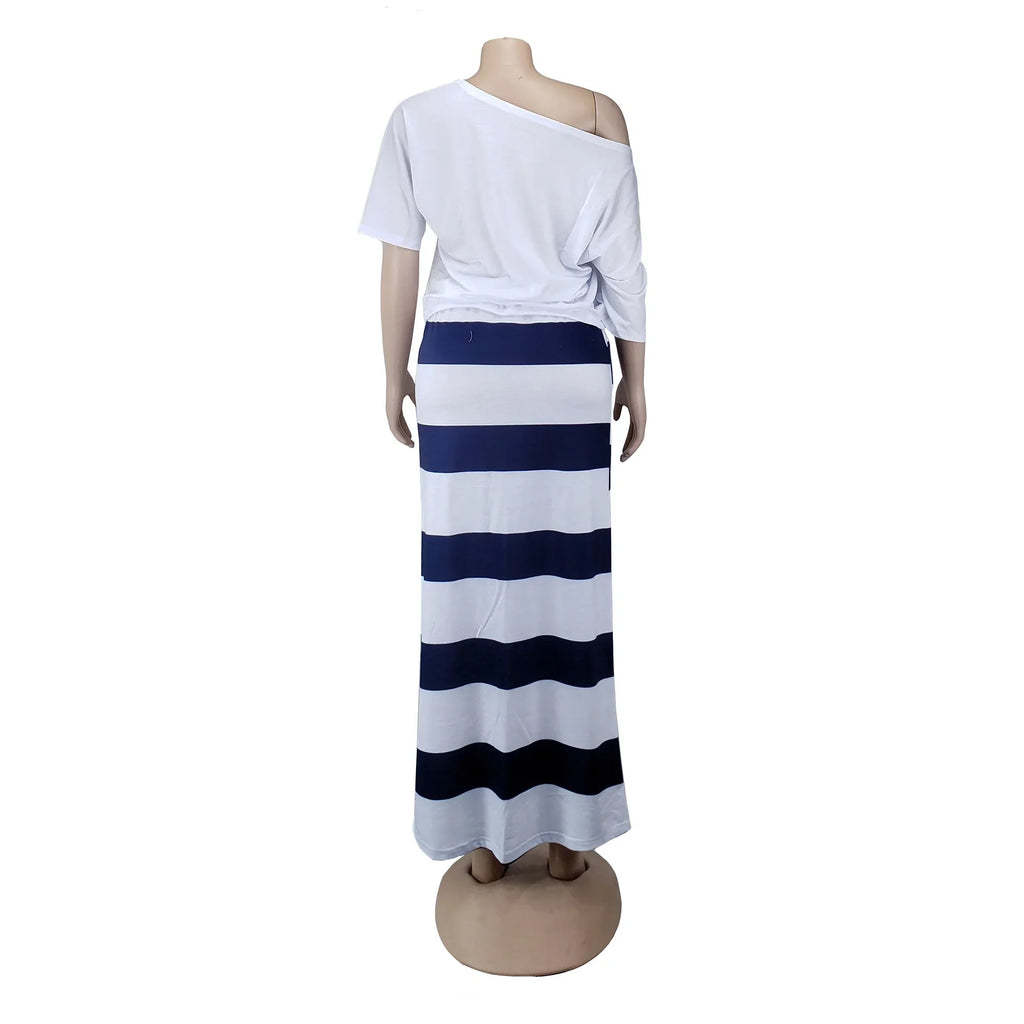 Women Two Piece Outfit Boat Anchor Print Off Shoulder T-Shirt and Striped Maxi Skirt Set Stylish Summer Tops and Skirts Ensemble