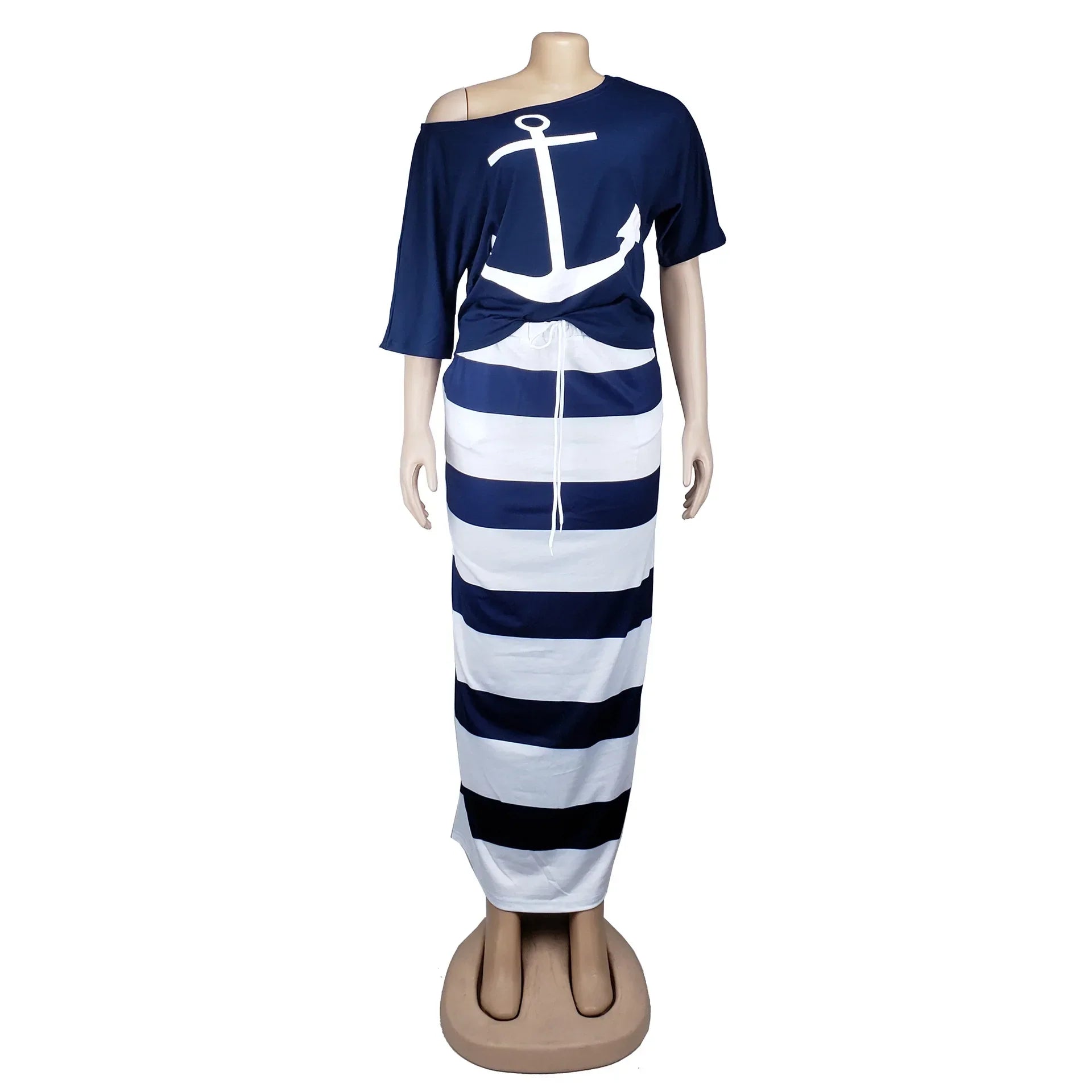 Women Two Piece Outfit Boat Anchor Print Off Shoulder T-Shirt and Striped Maxi Skirt Set Stylish Summer Tops and Skirts Ensemble