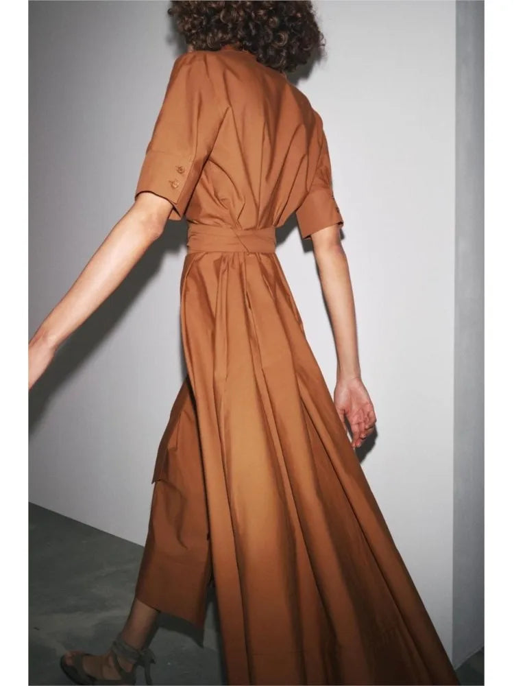 Long Sleeve Poplin Midi Dress with Belt and Side Zipper for Women