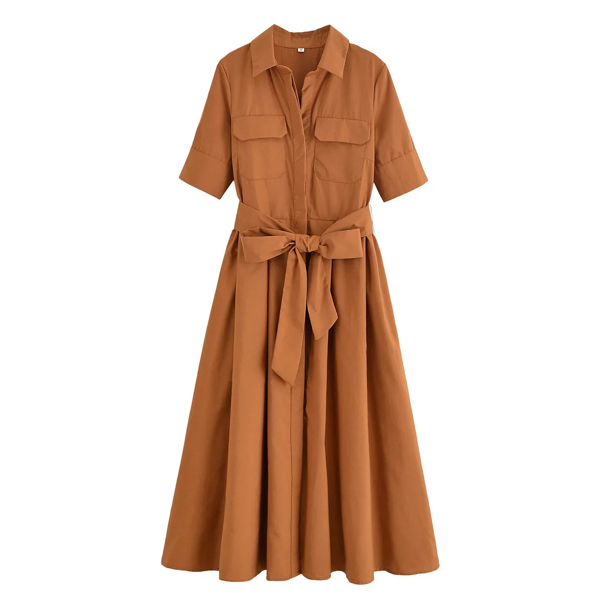Long Sleeve Poplin Midi Dress with Belt and Side Zipper for Women