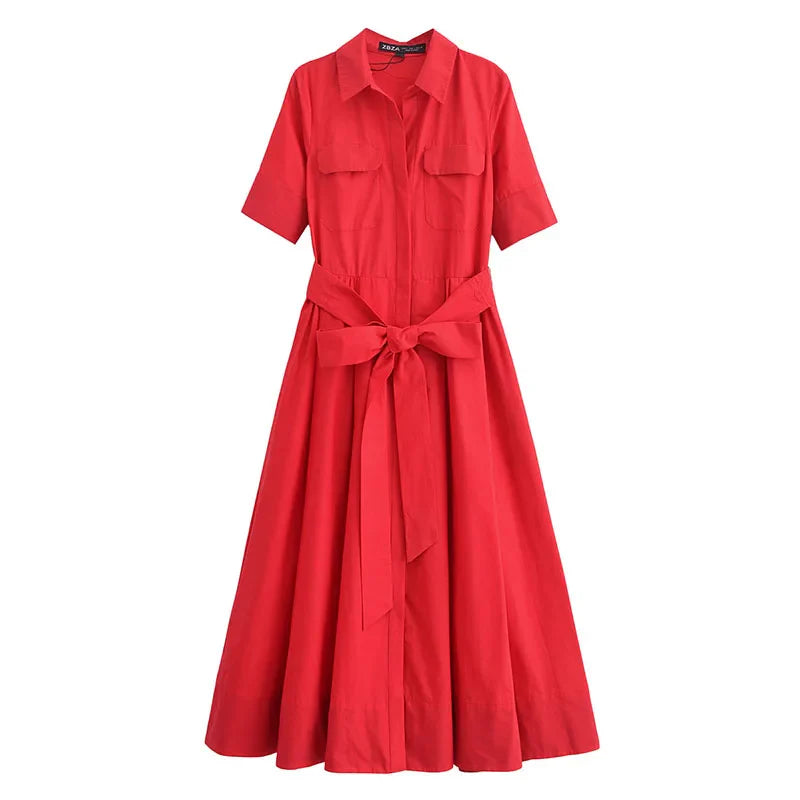 Long Sleeve Poplin Midi Dress with Belt and Side Zipper for Women