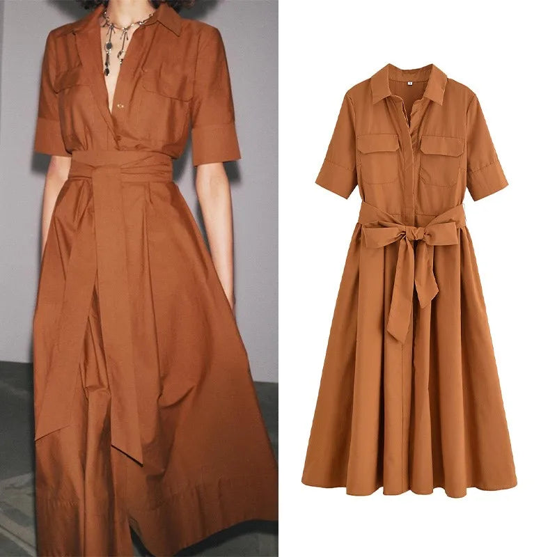 Long Sleeve Poplin Midi Dress with Belt and Side Zipper for Women