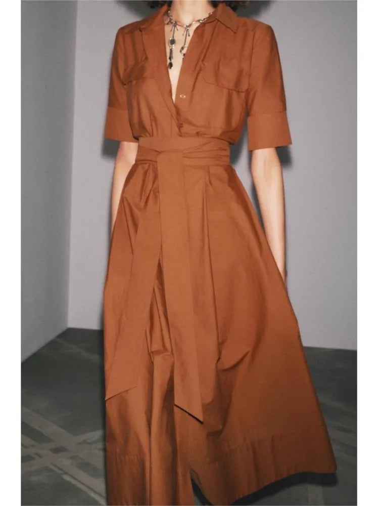 Long Sleeve Poplin Midi Dress with Belt and Side Zipper for Women