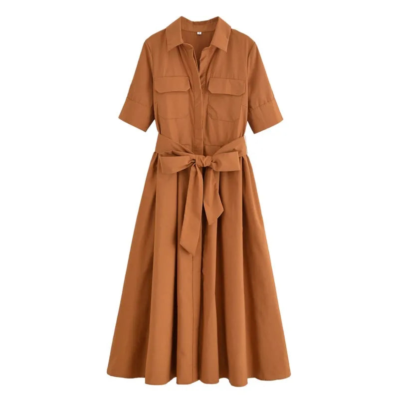 Long Sleeve Poplin Midi Dress with Belt and Side Zipper for Women