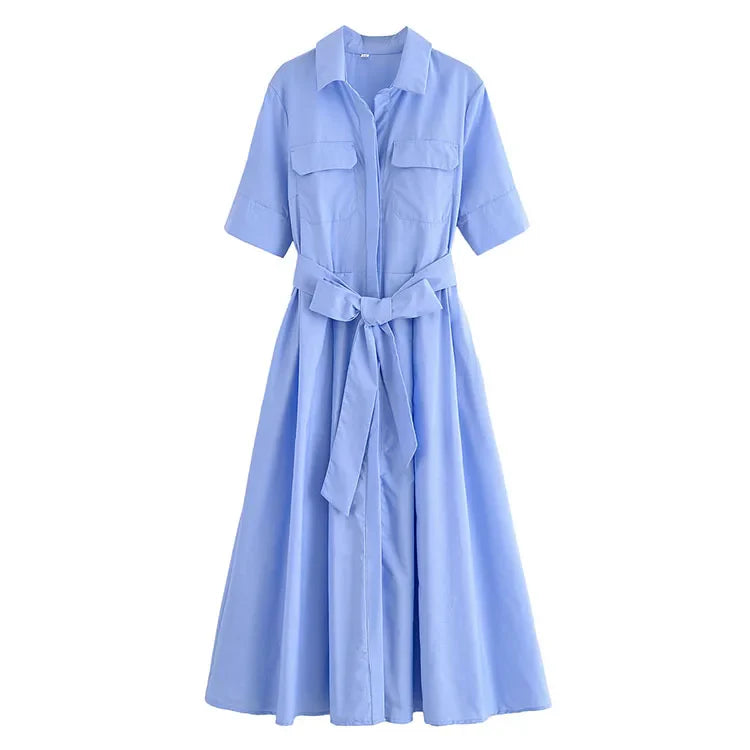 Long Sleeve Poplin Midi Dress with Belt and Side Zipper for Women