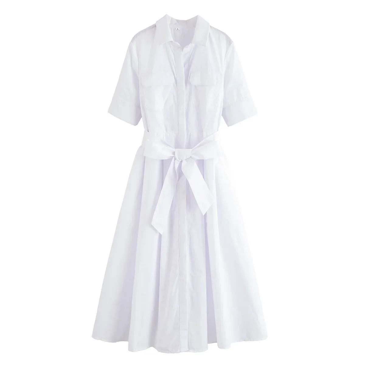 Long Sleeve Poplin Midi Dress with Belt and Side Zipper for Women