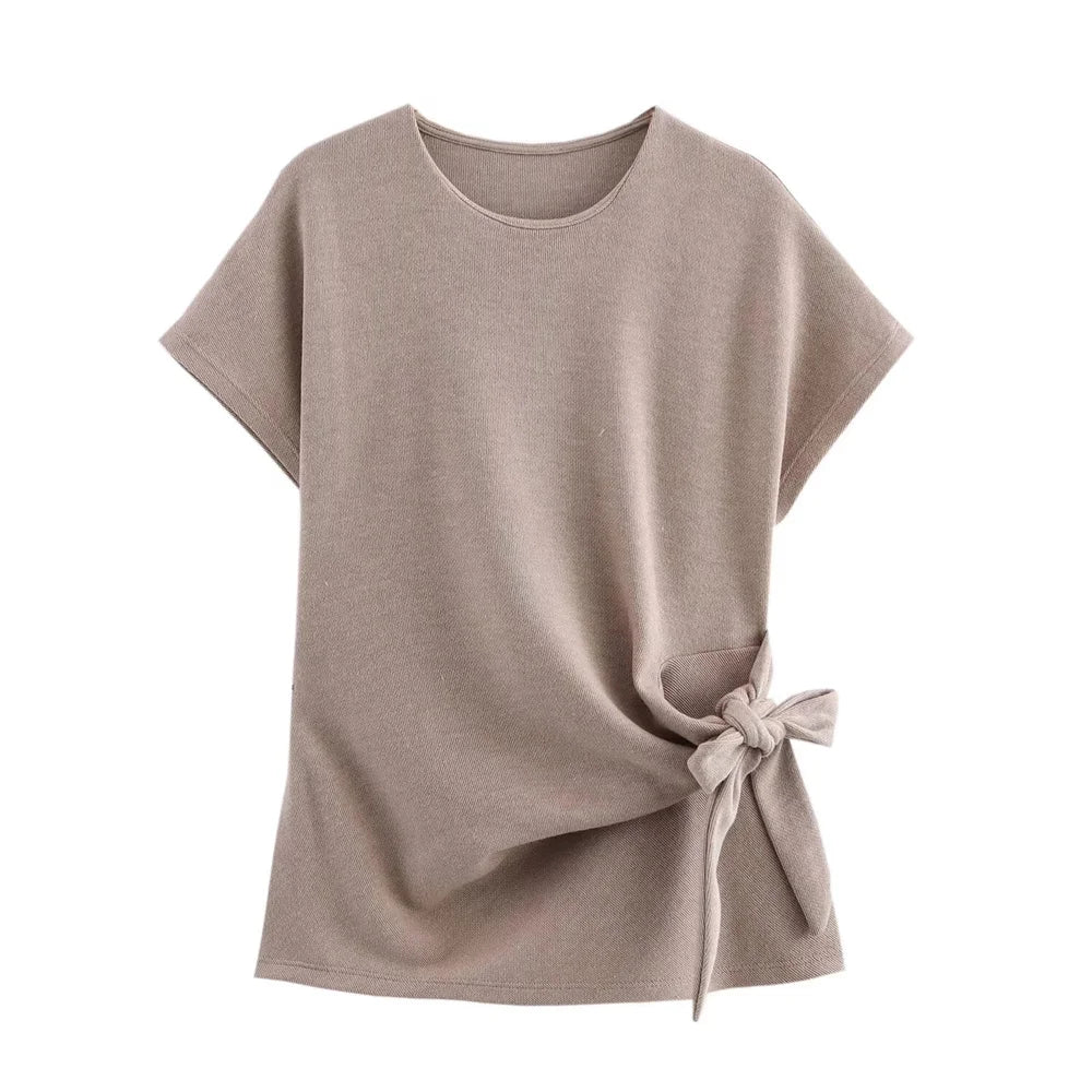 Womens Round Neck Solid Color Top with Knot Detail and Short Sleeve Skirt Set Elegant Casual Outfit