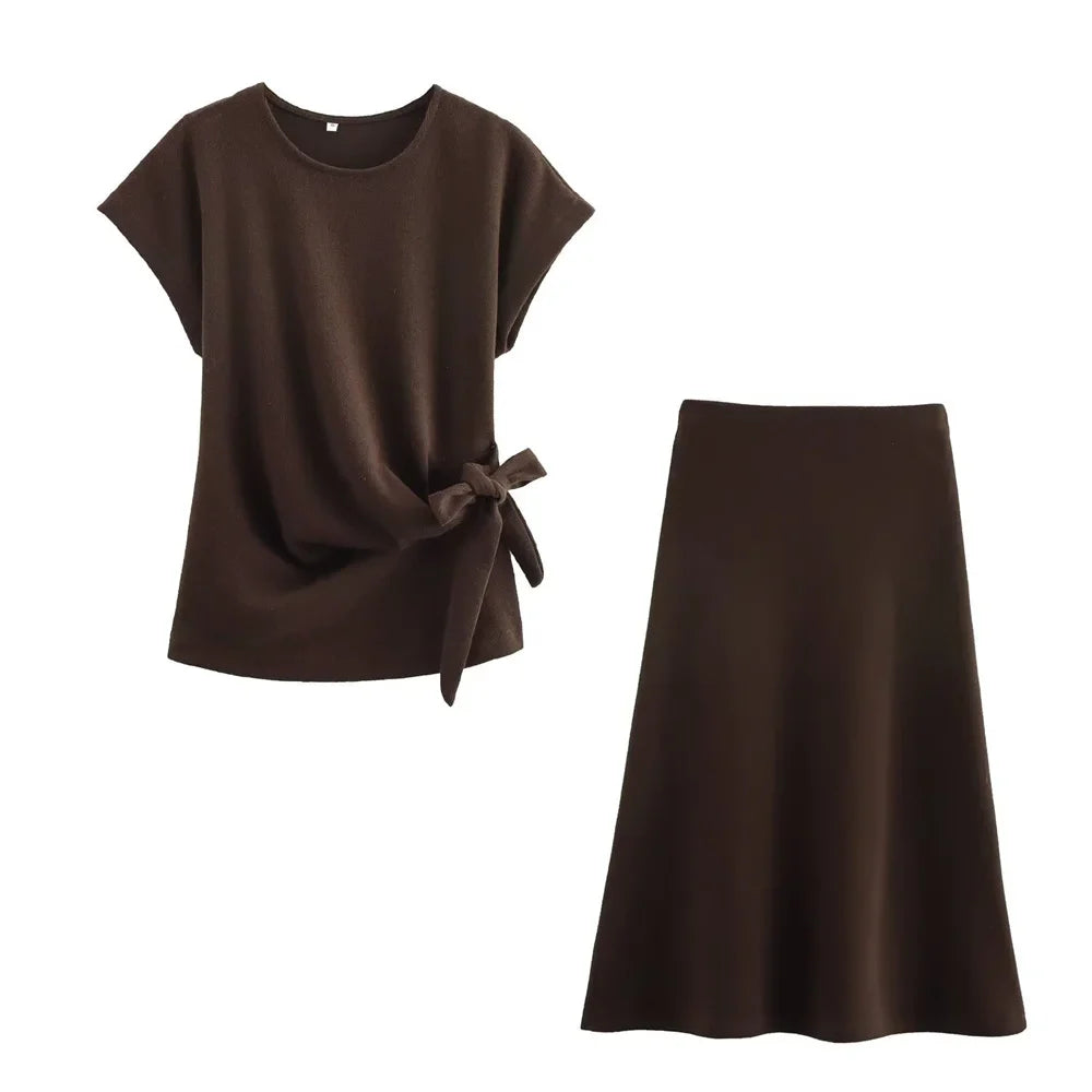 Womens Round Neck Solid Color Top with Knot Detail and Short Sleeve Skirt Set Elegant Casual Outfit