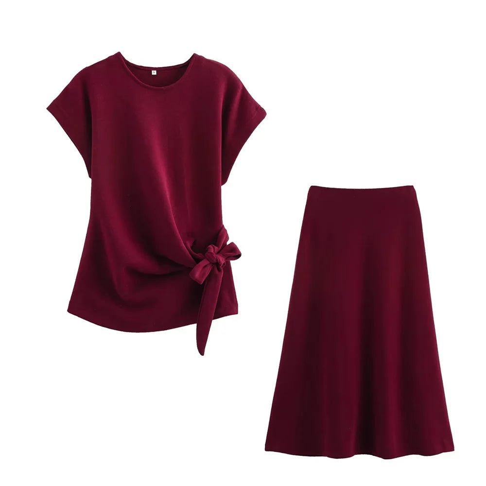 Womens Round Neck Solid Color Top with Knot Detail and Short Sleeve Skirt Set Elegant Casual Outfit