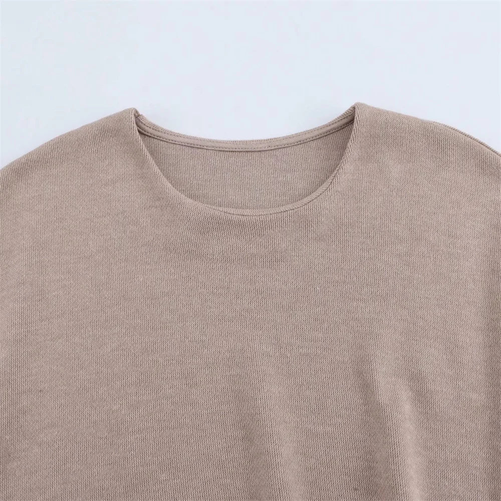 Womens Round Neck Solid Color Top with Knot Detail and Short Sleeve Skirt Set Elegant Casual Outfit