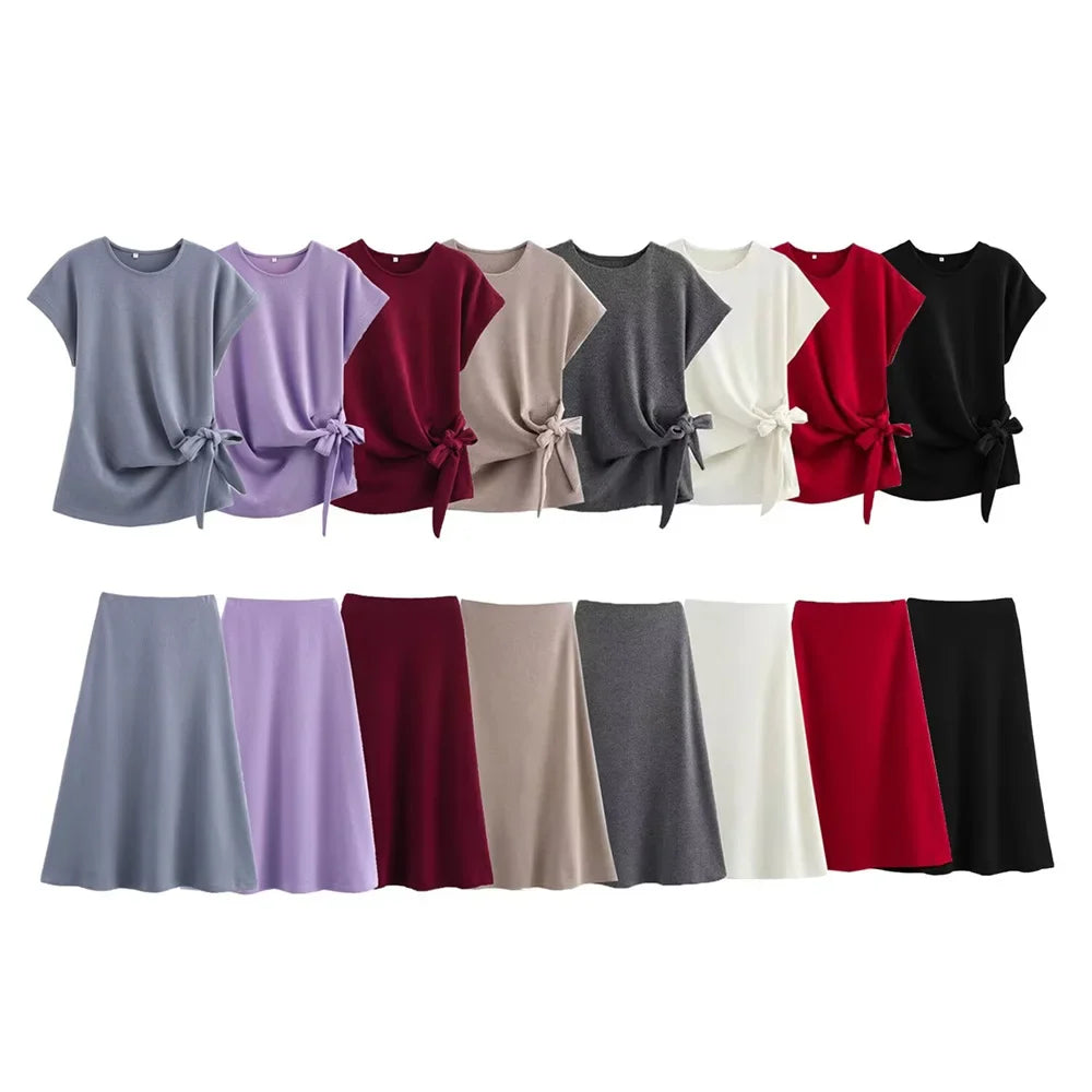 Womens Round Neck Solid Color Top with Knot Detail and Short Sleeve Skirt Set Elegant Casual Outfit