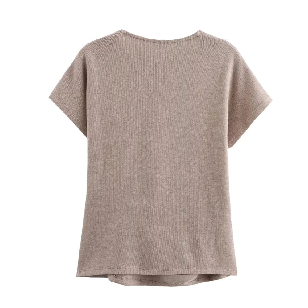 Womens Round Neck Solid Color Top with Knot Detail and Short Sleeve Skirt Set Elegant Casual Outfit