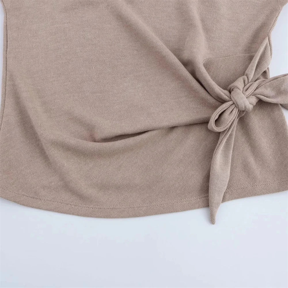 Womens Round Neck Solid Color Top with Knot Detail and Short Sleeve Skirt Set Elegant Casual Outfit