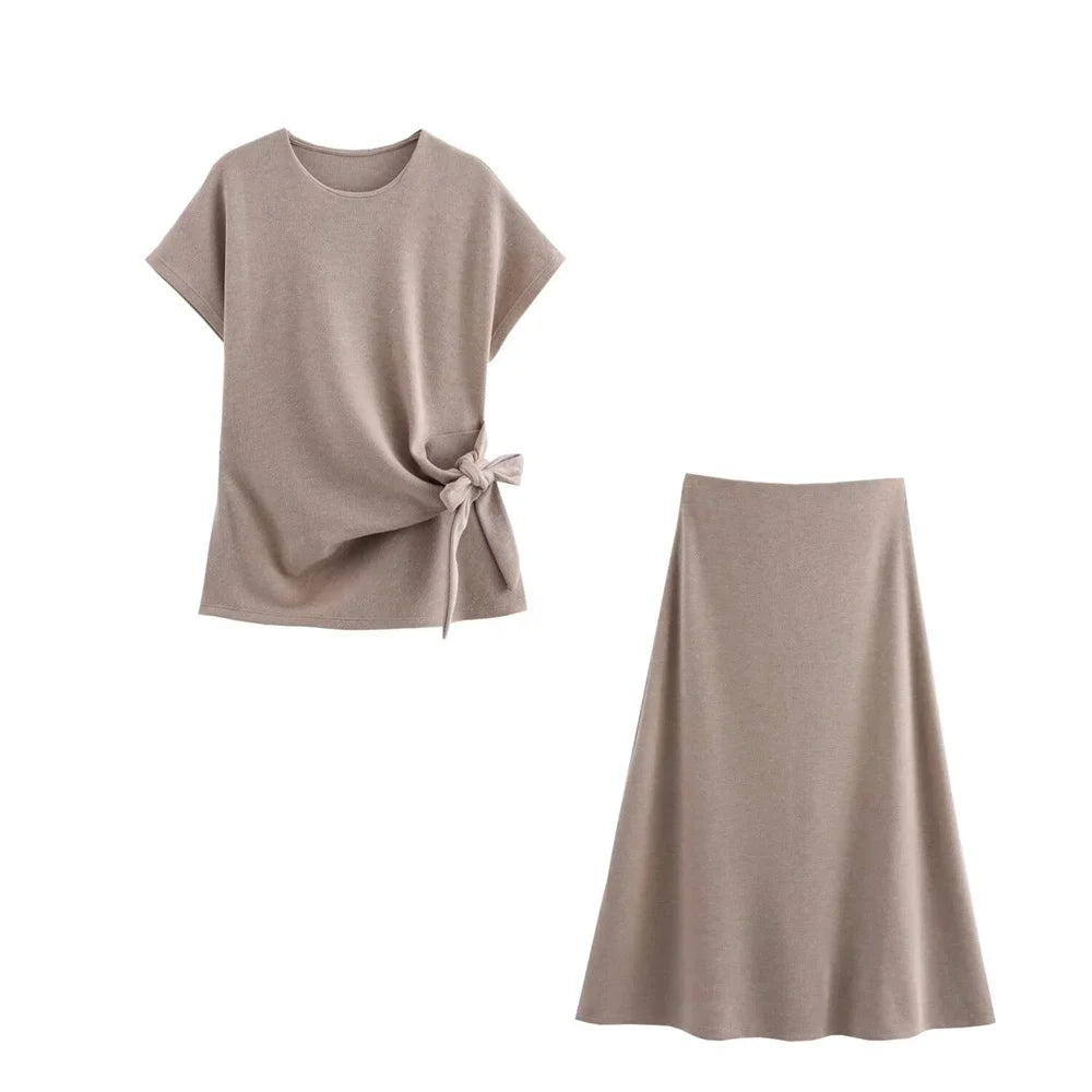 Womens Round Neck Solid Color Top with Knot Detail and Short Sleeve Skirt Set Elegant Casual Outfit