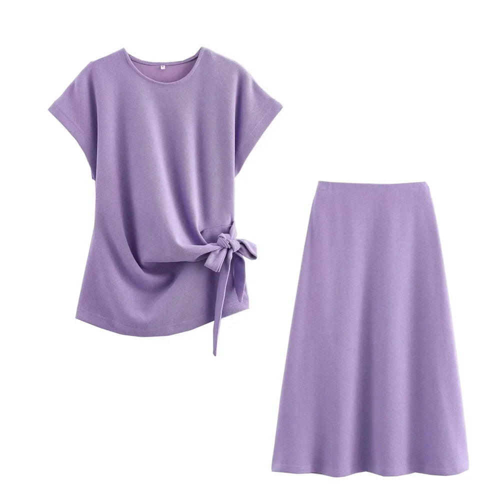 Womens Round Neck Solid Color Top with Knot Detail and Short Sleeve Skirt Set Elegant Casual Outfit