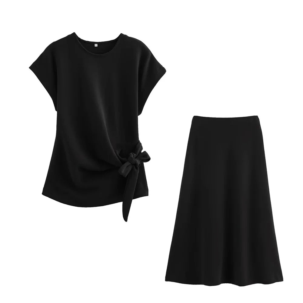 Womens Round Neck Solid Color Top with Knot Detail and Short Sleeve Skirt Set Elegant Casual Outfit