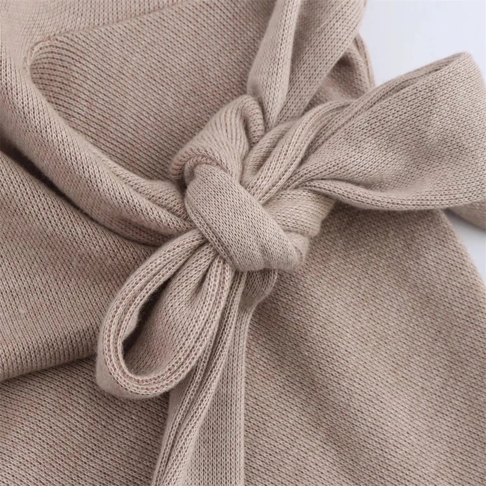 Womens Round Neck Solid Color Top with Knot Detail and Short Sleeve Skirt Set Elegant Casual Outfit