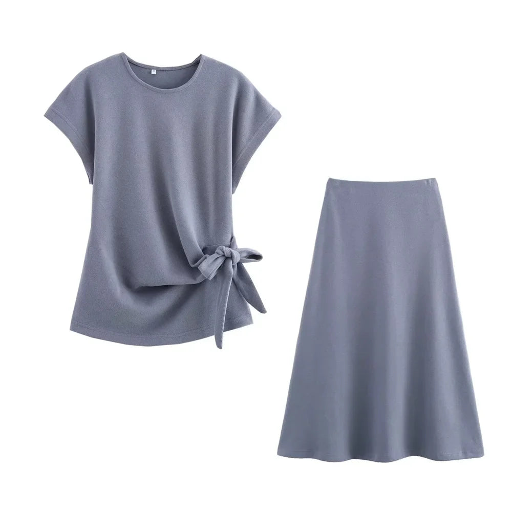 Womens Round Neck Solid Color Top with Knot Detail and Short Sleeve Skirt Set Elegant Casual Outfit