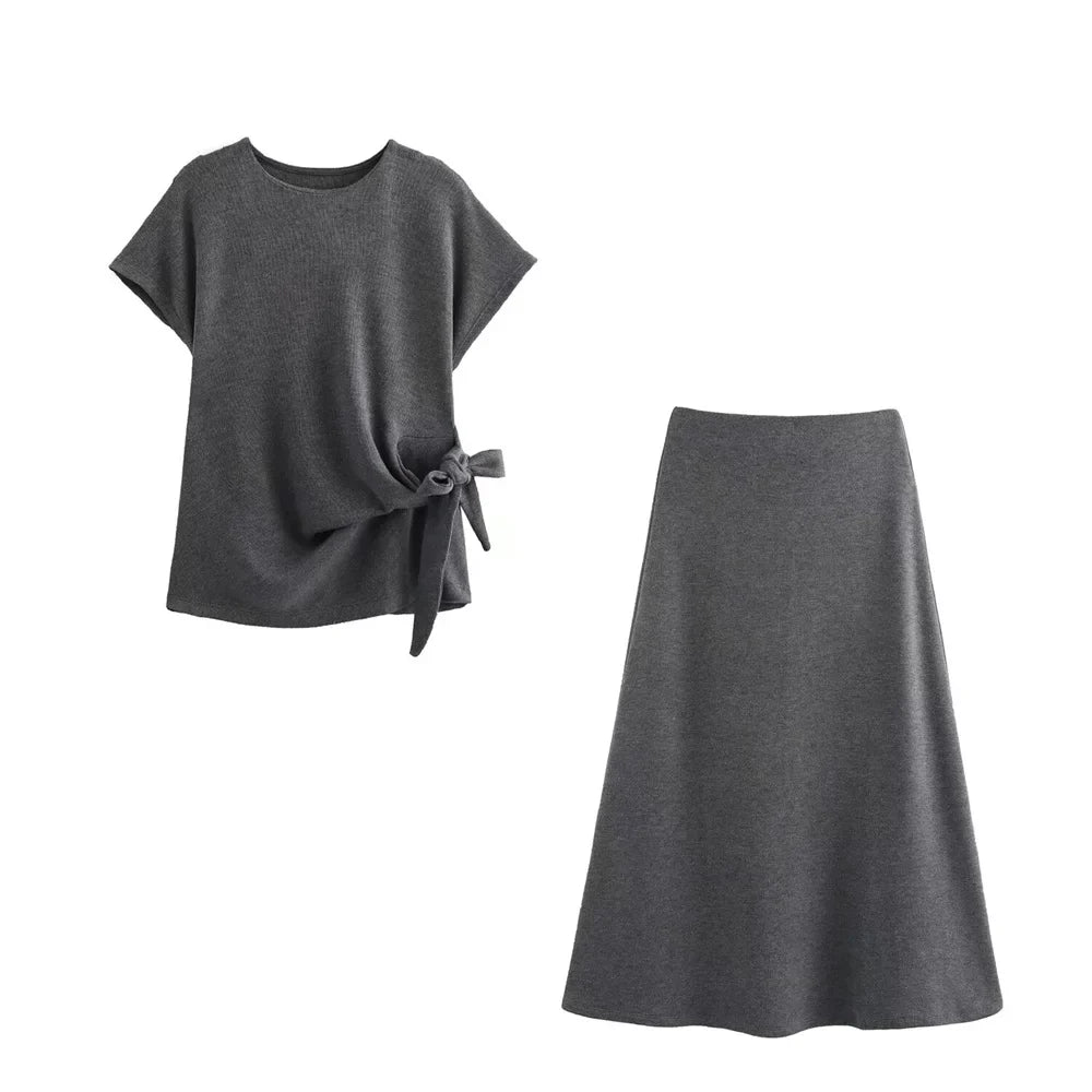Womens Round Neck Solid Color Top with Knot Detail and Short Sleeve Skirt Set Elegant Casual Outfit