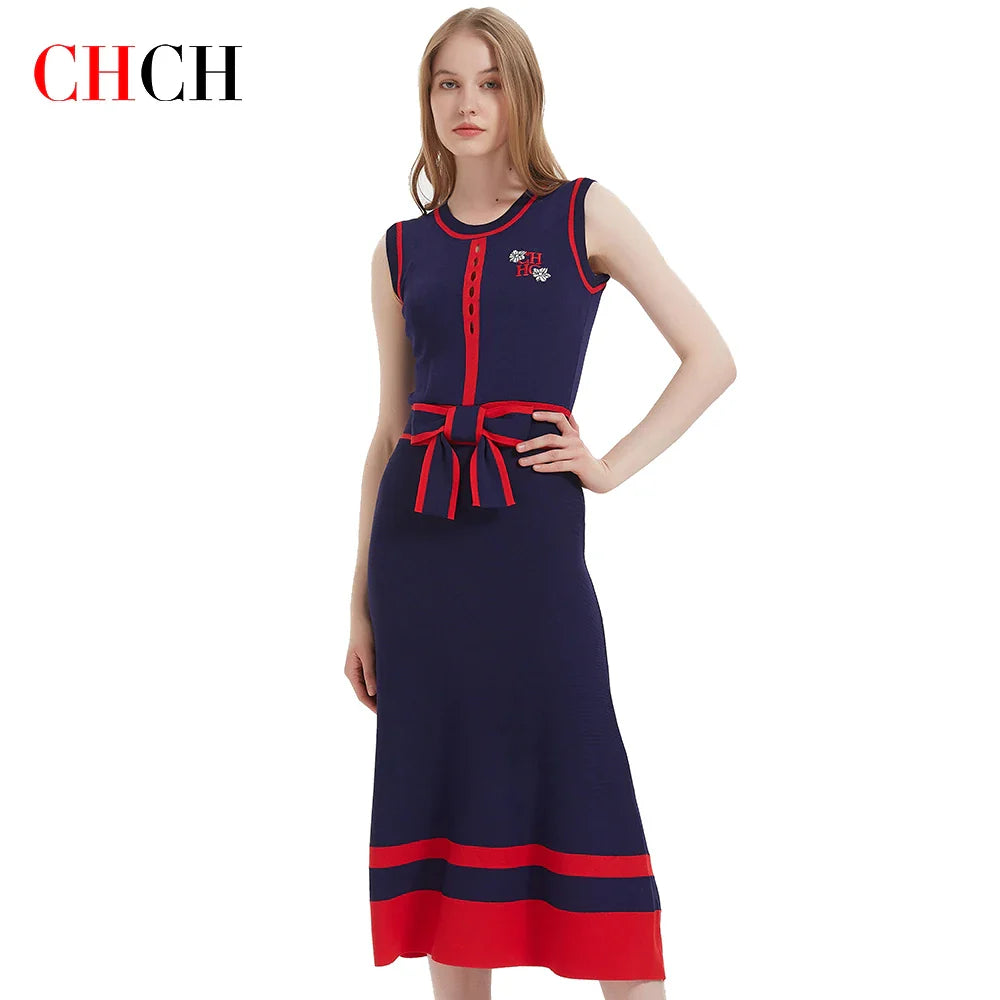 Elegant Sleeveless Knitted Long Dress for Women in Classic Navy Blue Suitable for Business and Formal Occasions