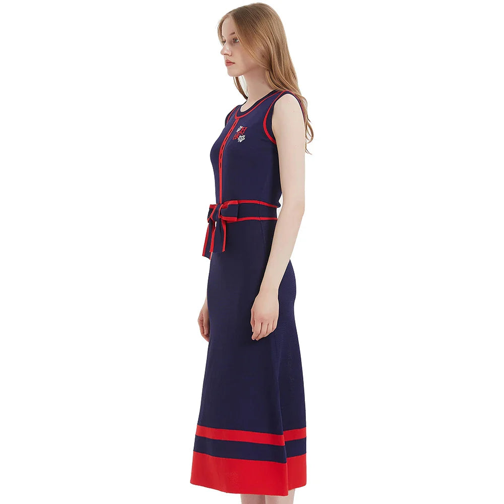 Elegant Sleeveless Knitted Long Dress for Women in Classic Navy Blue Suitable for Business and Formal Occasions