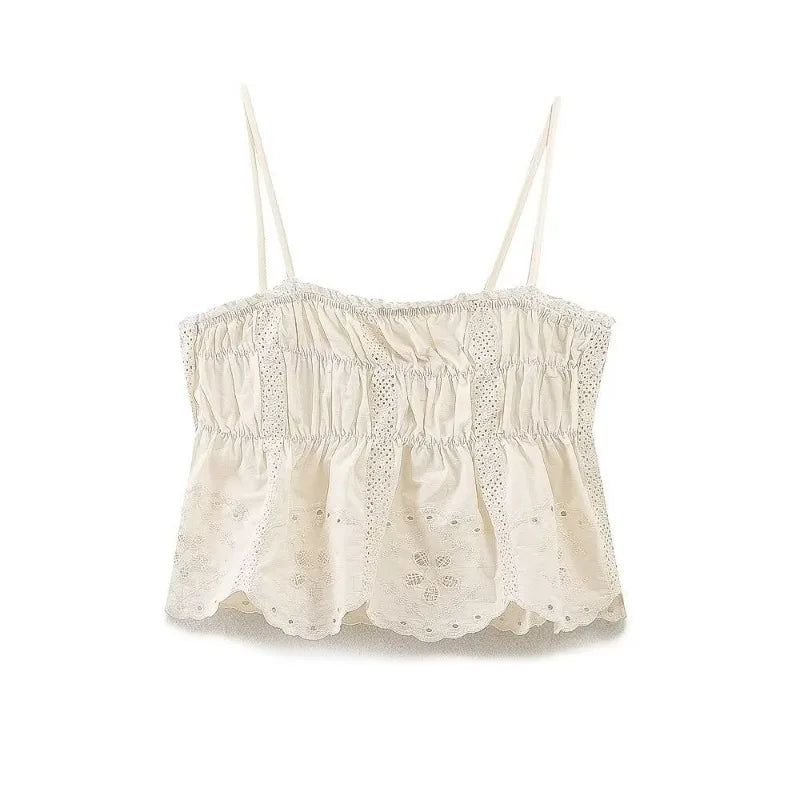 Women's Embroidered Strappy Two-Piece Set with Thin Straps, Straight Neck Sleeveless Top and High Waist Lined Skirt Chic Summer Outfit