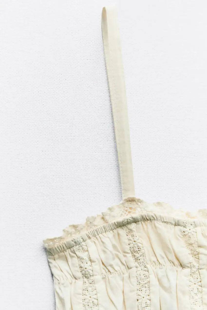 Women's Embroidered Strappy Two-Piece Set with Thin Straps, Straight Neck Sleeveless Top and High Waist Lined Skirt Chic Summer Outfit