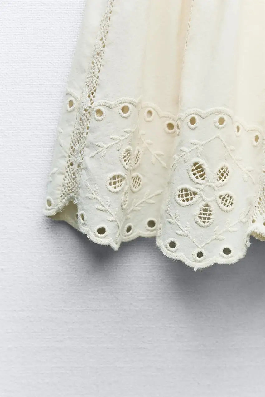 Women's Embroidered Strappy Two-Piece Set with Thin Straps, Straight Neck Sleeveless Top and High Waist Lined Skirt Chic Summer Outfit