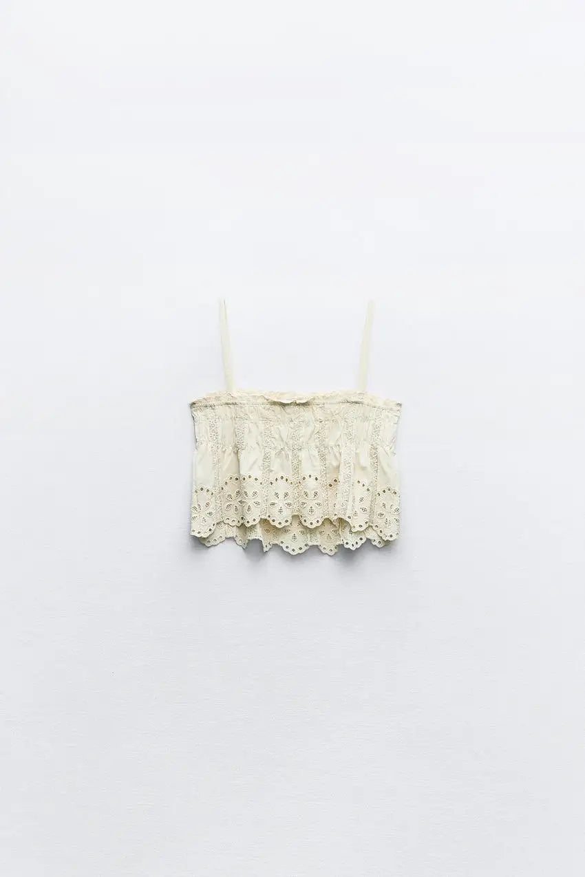 Women's Embroidered Strappy Two-Piece Set with Thin Straps, Straight Neck Sleeveless Top and High Waist Lined Skirt Chic Summer Outfit