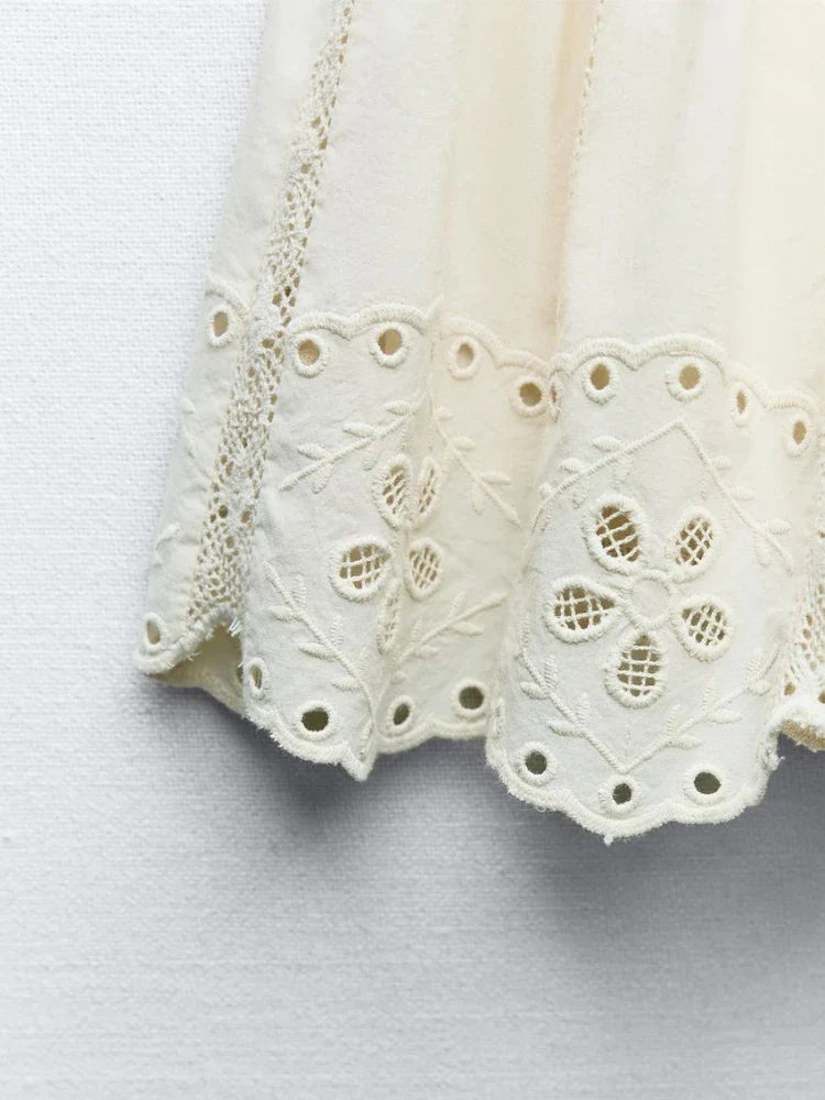 Women's Embroidered Strappy Two-Piece Set with Thin Straps, Straight Neck Sleeveless Top and High Waist Lined Skirt Chic Summer Outfit