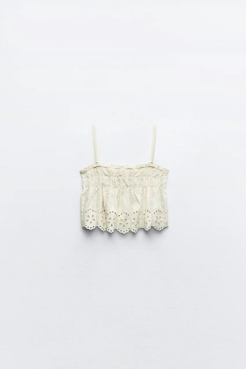 Women's Embroidered Strappy Two-Piece Set with Thin Straps, Straight Neck Sleeveless Top and High Waist Lined Skirt Chic Summer Outfit