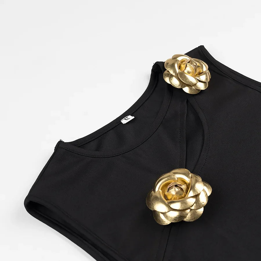 Women's 3D Golden Rose Asymmetric Vest and Skirt Set with Hollow O-Neck Cropped Top and High Waist Hidden Zip Skirt Summer Chic Ensemble