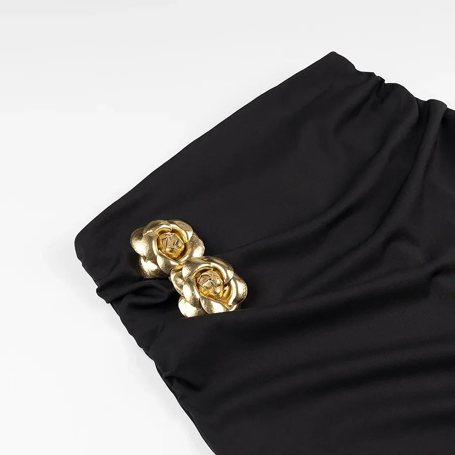 Women's 3D Golden Rose Asymmetric Vest and Skirt Set with Hollow O-Neck Cropped Top and High Waist Hidden Zip Skirt Summer Chic Ensemble