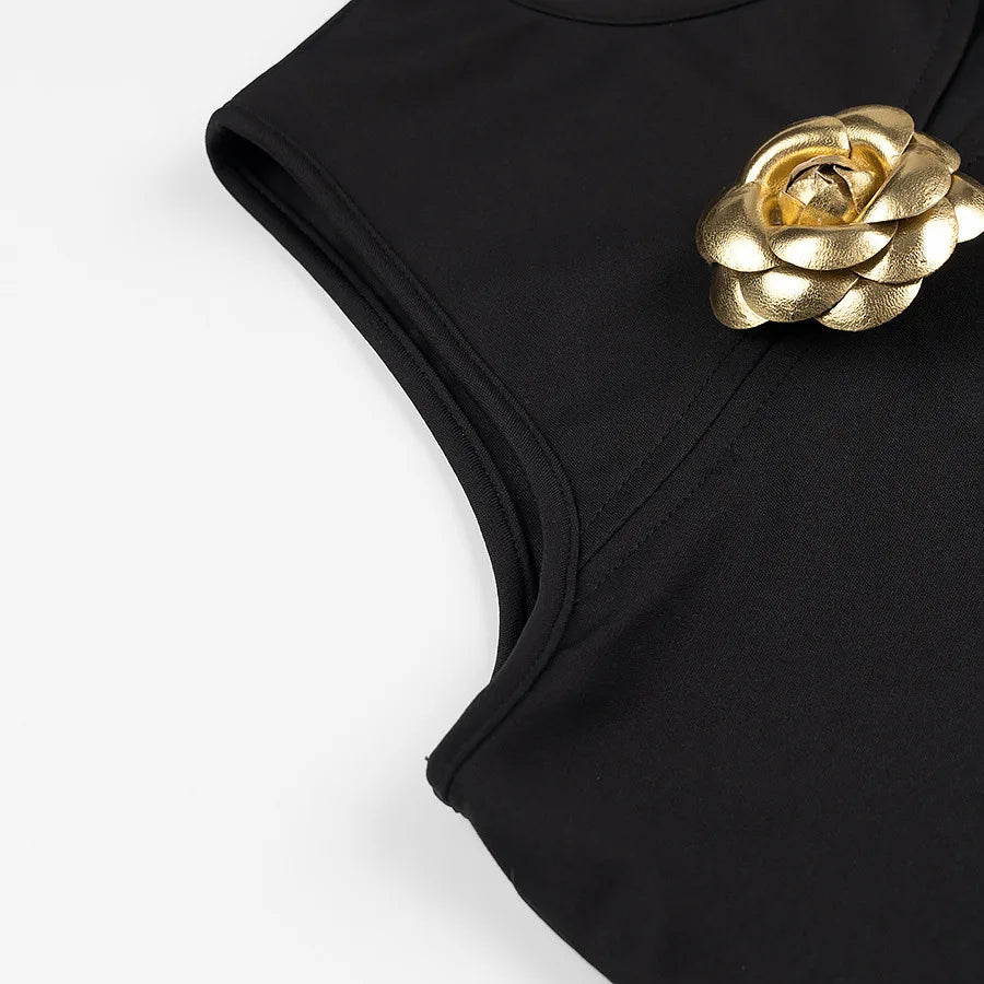 Women's 3D Golden Rose Asymmetric Vest and Skirt Set with Hollow O-Neck Cropped Top and High Waist Hidden Zip Skirt Summer Chic Ensemble