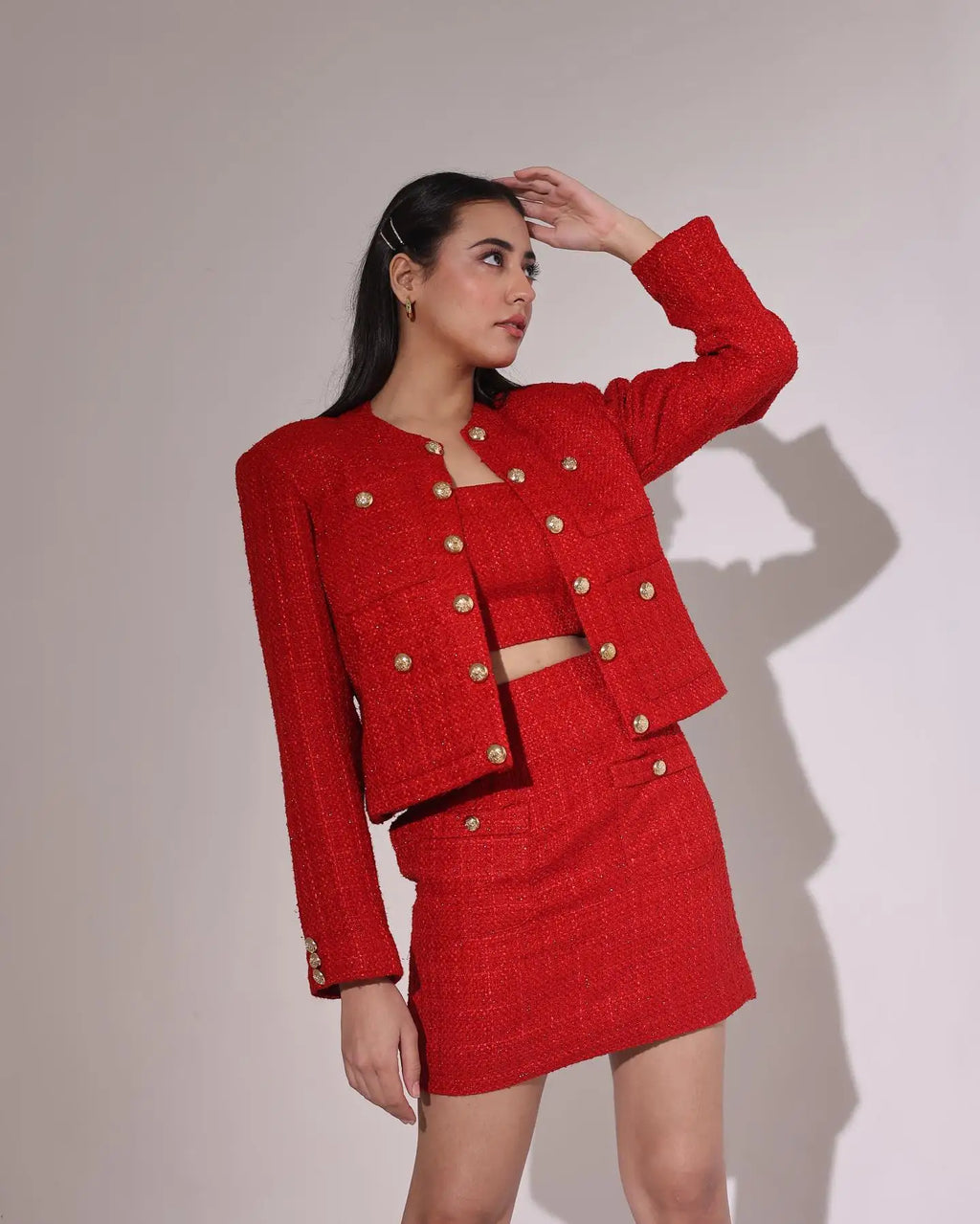 Women Textured Double Breasted Blazer and High Waist Skirt Set with O-Neck Jacket, Front Pockets, Side Slit, and Hidden Zip Closure for Chic Fall Fashion