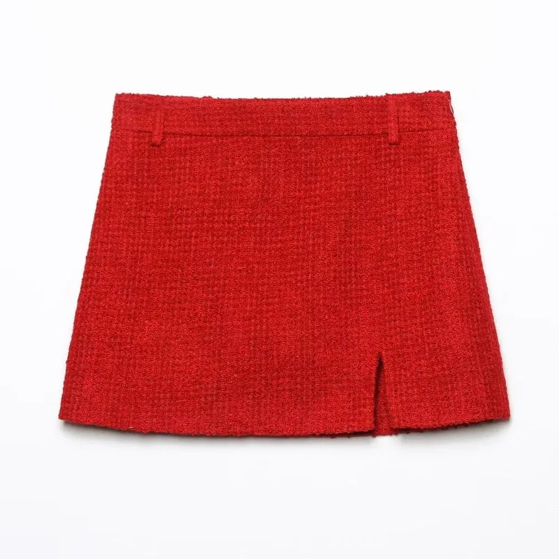 Women Textured Double Breasted Blazer and High Waist Skirt Set with O-Neck Jacket, Front Pockets, Side Slit, and Hidden Zip Closure for Chic Fall Fashion