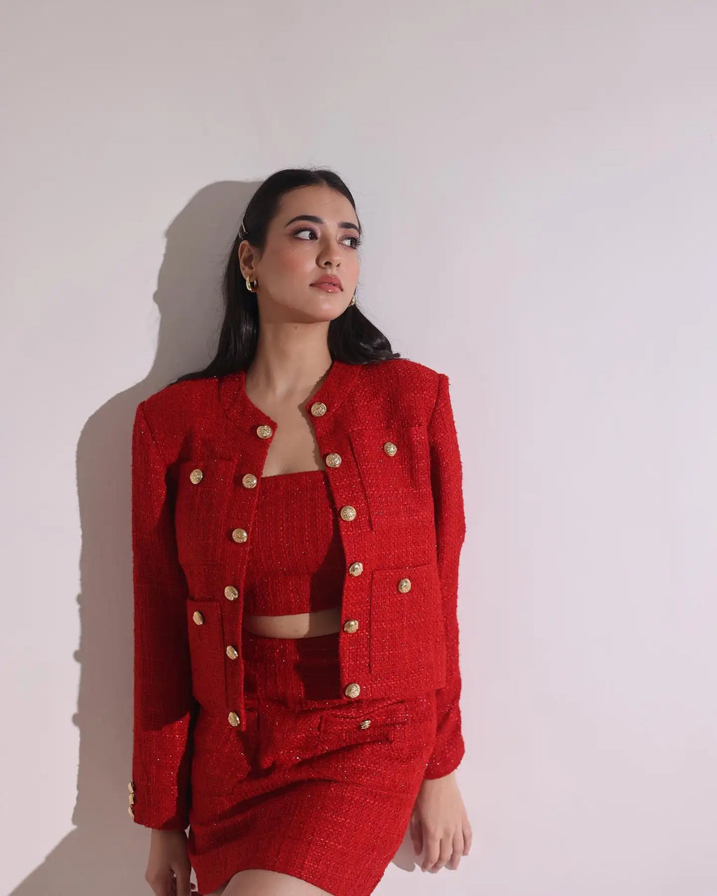 Women Textured Double Breasted Blazer and High Waist Skirt Set with O-Neck Jacket, Front Pockets, Side Slit, and Hidden Zip Closure for Chic Fall Fashion