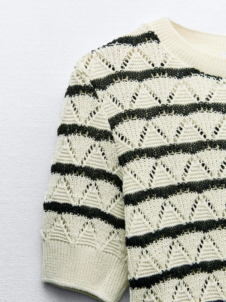 Women's Knit Striped Shirt and High-Waisted Elastic Mini Shorts Set Slim Fit Casual Round Neck Top Chic Two-Piece Summer Outfit